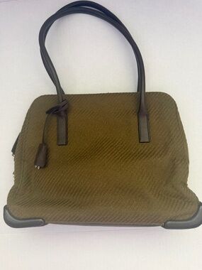PRADA 1999/ Y2K Rare shoulder bag; olive green wool & brown leather 12x9.5x3.5”